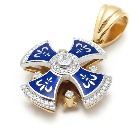 14K White & Yellow Gold Jerusalem Cross 53 Diamonds and Blue Enamel medium