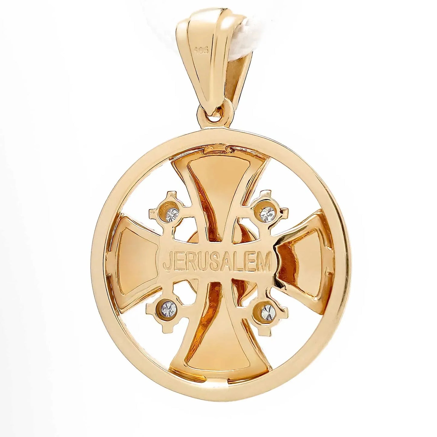 14K Yellow Gold Jerusalem Cross Round Pendant with 68 Diamonds