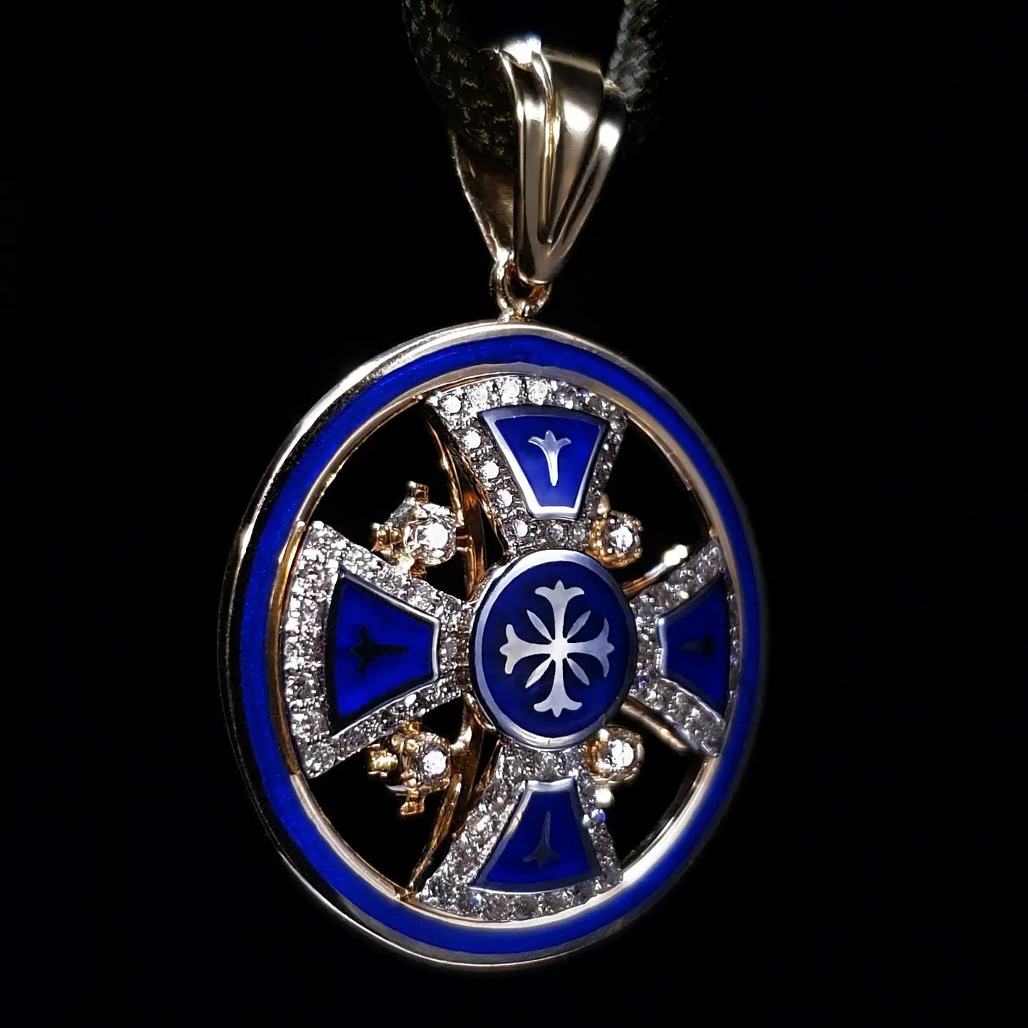 14K Yellow Gold Jerusalem Cross Round Pendant with 68 Diamonds