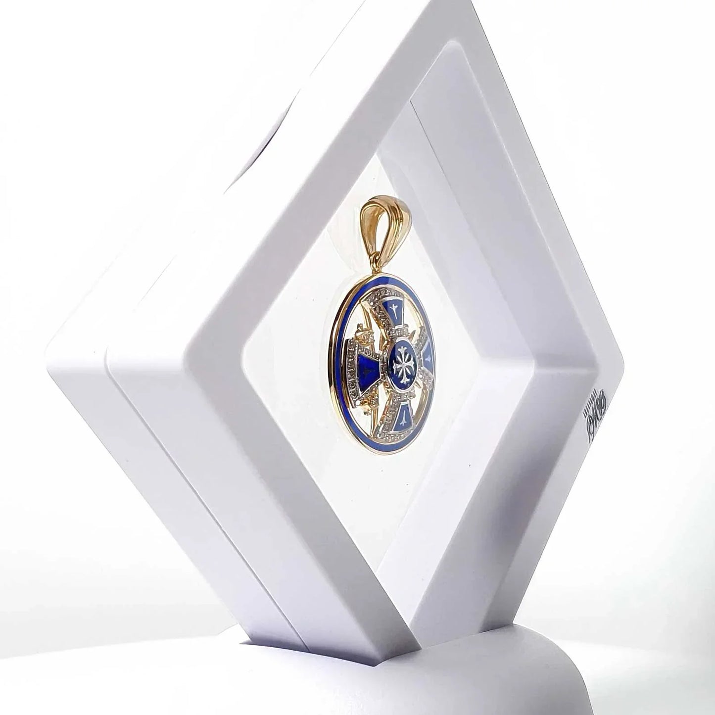 14K Yellow Gold Jerusalem Cross Round Pendant with 68 Diamonds