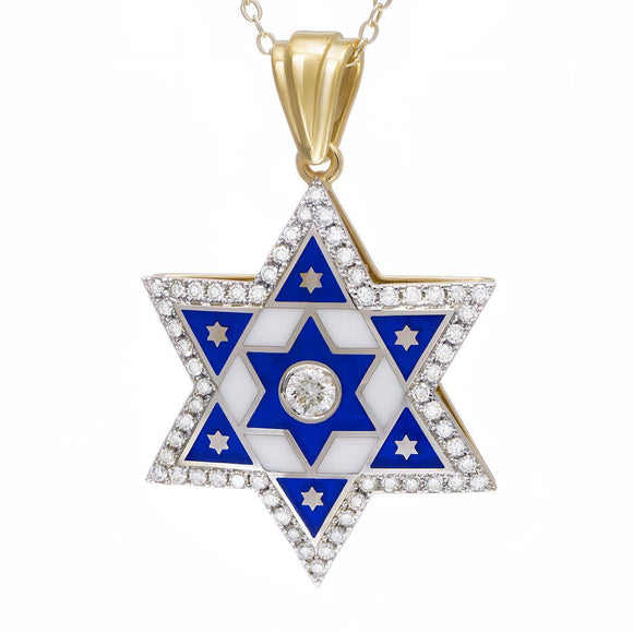 14К gold Star of David Necklace with Enamel and 61 Diamonds - bluewhiteshop