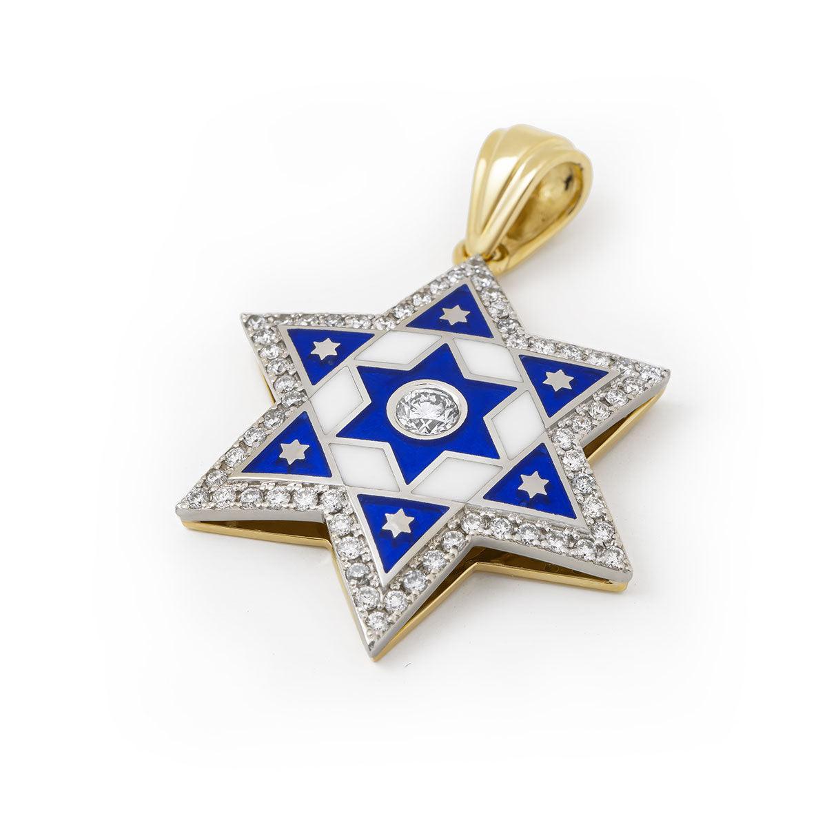14 gold Star of David Necklace with Enamel and 61 Diamonds bluewhiteshop