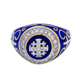 14K Gold Halo Christian Signet Ring with 35 Diamonds and Blue Enamel - bluewhiteshop