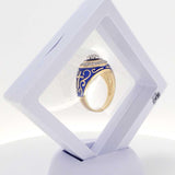 14K Gold Halo Christian Signet Ring with 35 Diamonds and Blue Enamel - bluewhiteshop