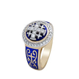 14K Gold Jerusalem Cross Christian Ring with Diamonds and Blue Enamel and Roman Crosses - bluewhiteshop