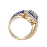 14K Gold Jerusalem Cross Christian Ring with Diamonds and Blue Enamel and Roman Crosses - bluewhiteshop