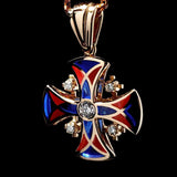 14K Gold Jerusalem Cross Necklace Stained Glass Enamel and 5 Diamonds - bluewhiteshop