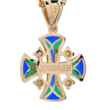14K Gold Jerusalem Cross Pendant Stained Glass Enamel and 5 Diamonds - bluewhiteshop