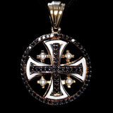 14K Gold Jerusalem Cross Round Pendant With Black Diamonds and White Enamel - bluewhiteshop