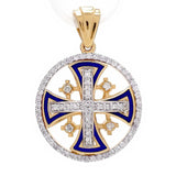14K Gold Jerusalem Cross Round Pendant With Diamonds and Blue Enamel - bluewhiteshop