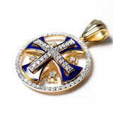 14K Gold Jerusalem Cross Round Pendant With Diamonds and Blue Enamel - bluewhiteshop