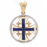 14K Gold Jerusalem Cross Round Pendant with Sapphires and Diamonds - bluewhiteshop