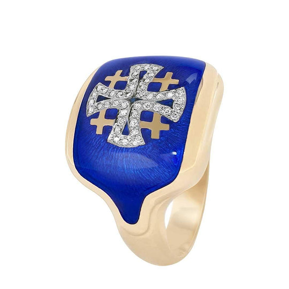 14K Gold Men’s Jerusalem Cross Christian Ring with 40 Diamonds and Blue Enamel - bluewhiteshop