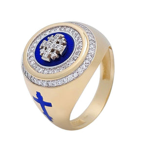 14K Gold Men's Jerusalem Cross Signet Ring Diamonds and Blue Enamel - bluewhiteshop