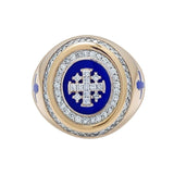 14K Gold Men's Jerusalem Cross Signet Ring Diamonds and Blue Enamel - bluewhiteshop