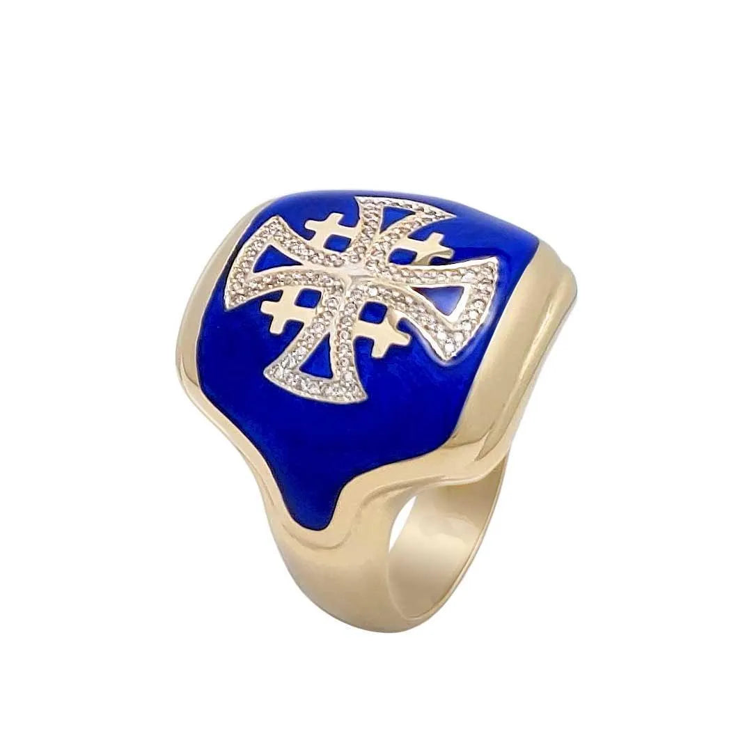14K Gold Men’s Jerusalem Cross Signet Ring with 86 Diamonds and Blue Enamel - bluewhiteshop