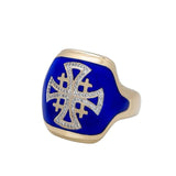 14K Gold Men’s Jerusalem Cross Signet Ring with 86 Diamonds and Blue Enamel - bluewhiteshop