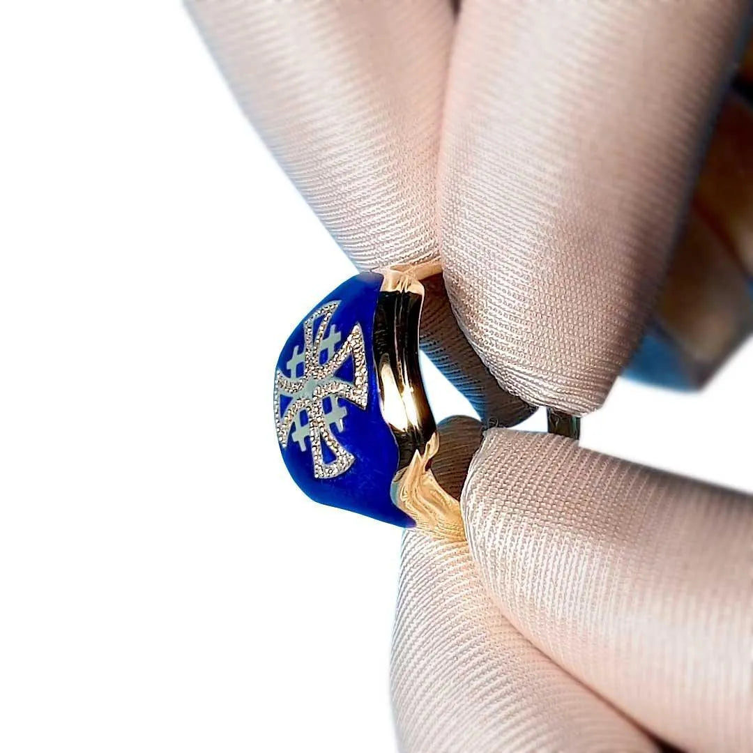 14K Gold Men’s Jerusalem Cross Signet Ring with 86 Diamonds and Blue Enamel - bluewhiteshop