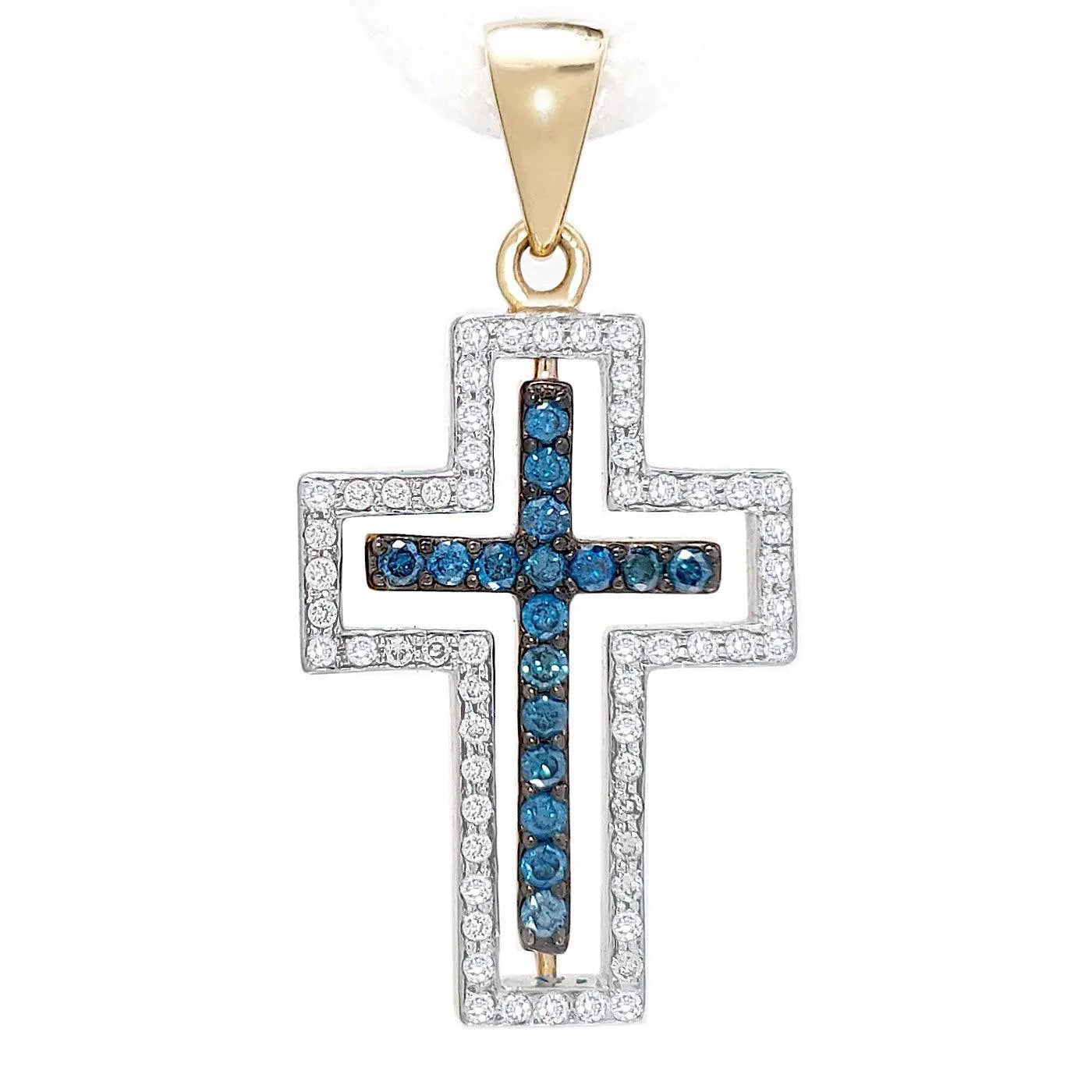 14K Gold Rotating Latin Cross Pendant with blue and white diamonds