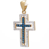 14K Gold Rotating Latin Cross Pendant with blue and white diamonds - bluewhiteshop