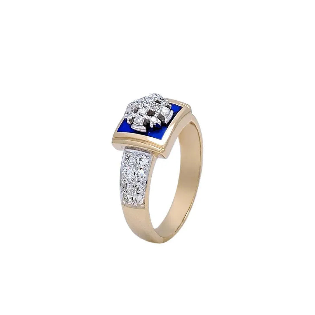 14K Gold Square Christian Ring with 29 Diamonds and Blue Enamel