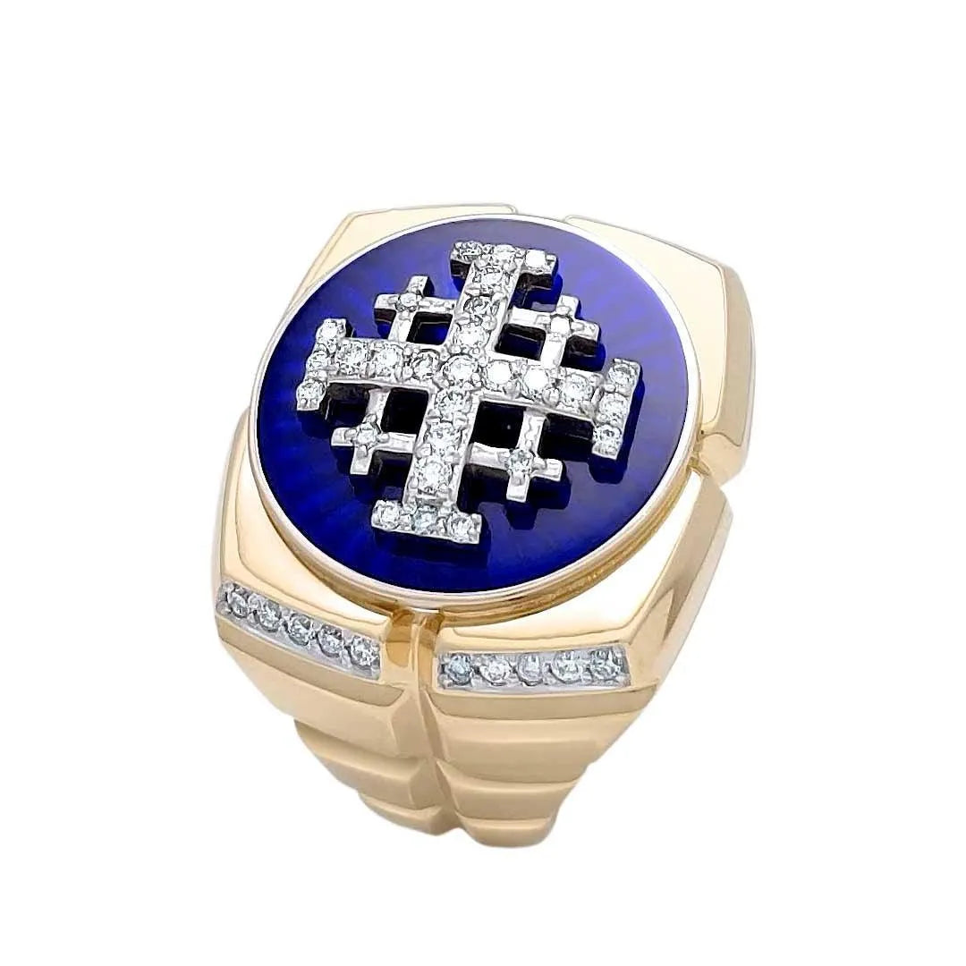 14K Gold Square Men's Christian Signet Ring with 49 Diamonds and Blue ...