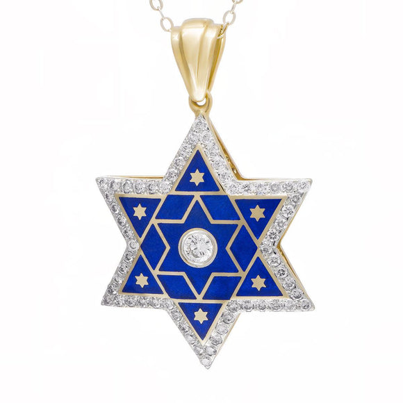 14К gold Star of David Necklace with Enamel and 61 Diamonds - bluewhiteshop