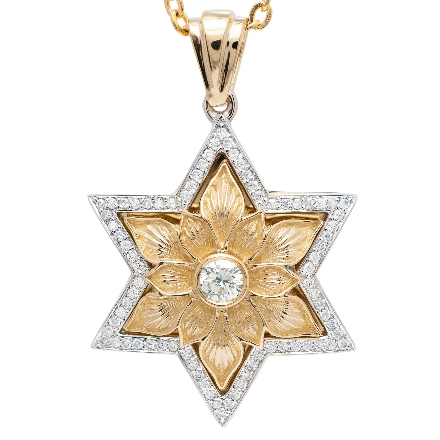 14K Gold Star of David Pendant with Engraved Petals and 79 Diamonds - bluewhiteshop