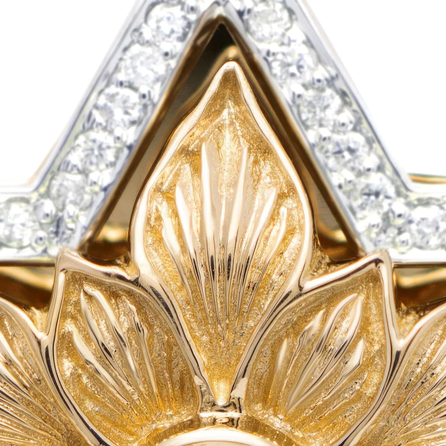 Star of David Gold Pendant with Engraved Petals and Diamonds close-up