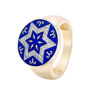 14K Gold Star of David Ring with 36 Diamonds and Blue Enamel - bluewhiteshop