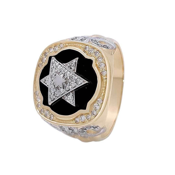 14К Gold Star of David Ring with 74 Diamonds and Black Enamel - bluewhiteshop