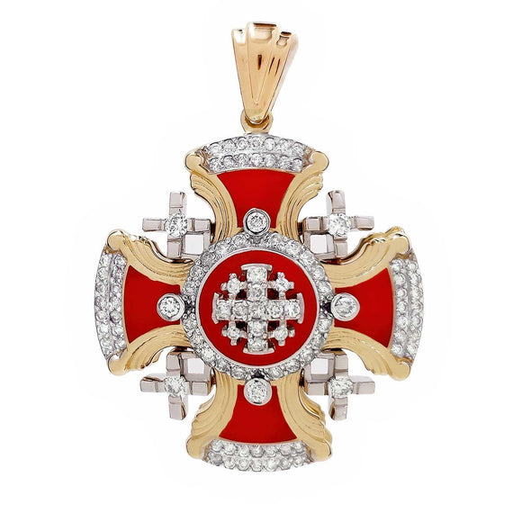 14K Gold Vintage Jerusalem Cross Pendant with Red Enamel and Diamonds - bluewhiteshop