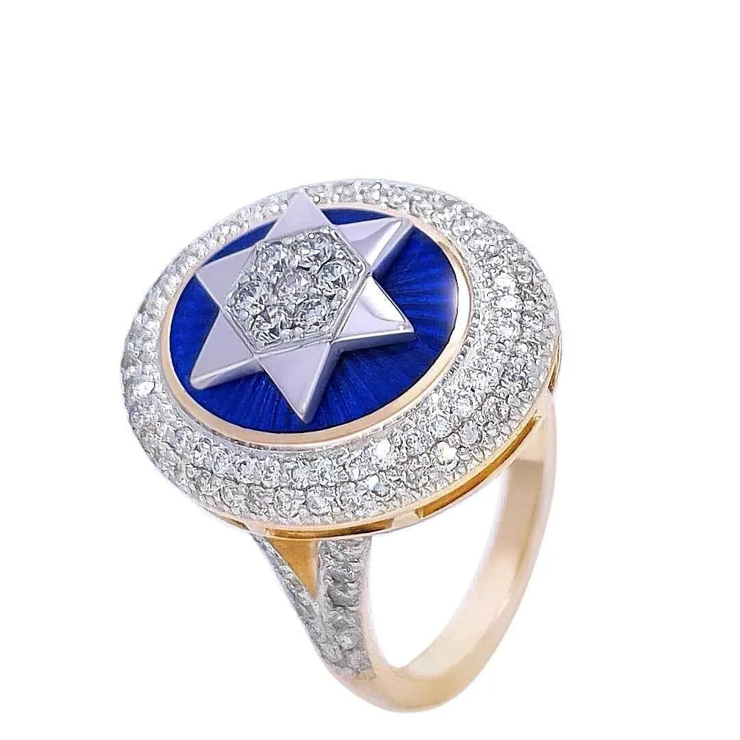 14K Gold Women Star of David Ring with 113 Diamonds and Blue Enamel - bluewhiteshop