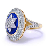 14K Gold Women Star of David Ring with 113 Diamonds and Blue Enamel - bluewhiteshop