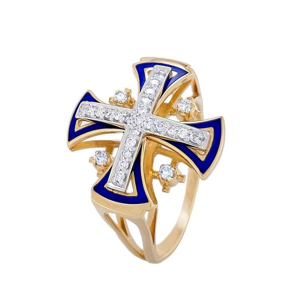 14K Two-Tone Gold Openwork Christian Ring with 25 Diamonds and Blue Enamel - bluewhiteshop