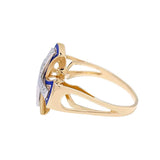 14K Two-Tone Gold Openwork Christian Ring with 25 Diamonds and Blue Enamel - bluewhiteshop