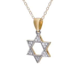 14К White and Yellow Gold Star of David Necklace with 18 Diamonds - bluewhiteshop