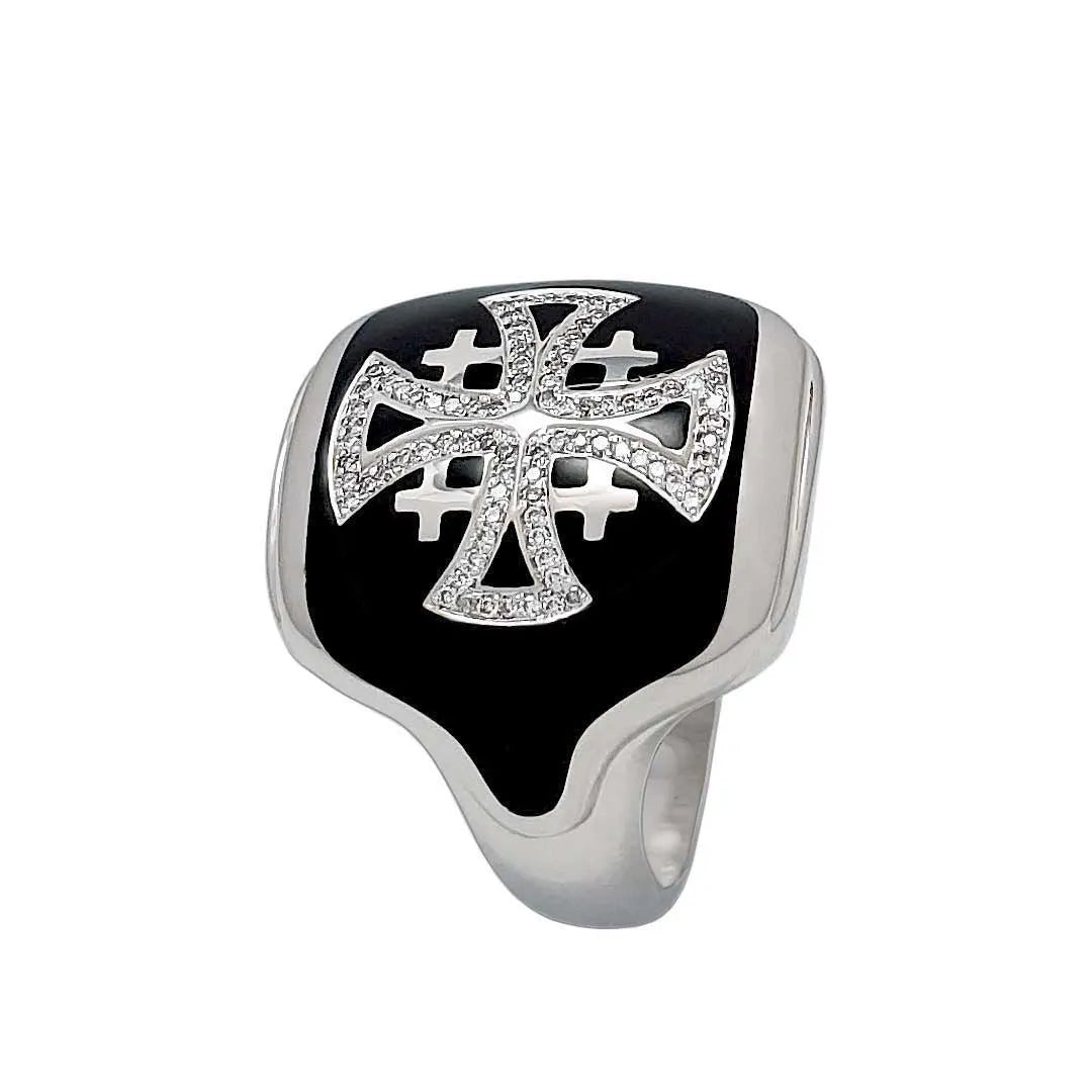14K White Gold Men’s Jerusalem Cross Signet Ring with 86 Diamonds and Black Enamel - bluewhiteshop