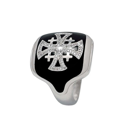 14K White Gold Men’s Jerusalem Cross Signet Ring with 86 Diamonds and Black Enamel - bluewhiteshop