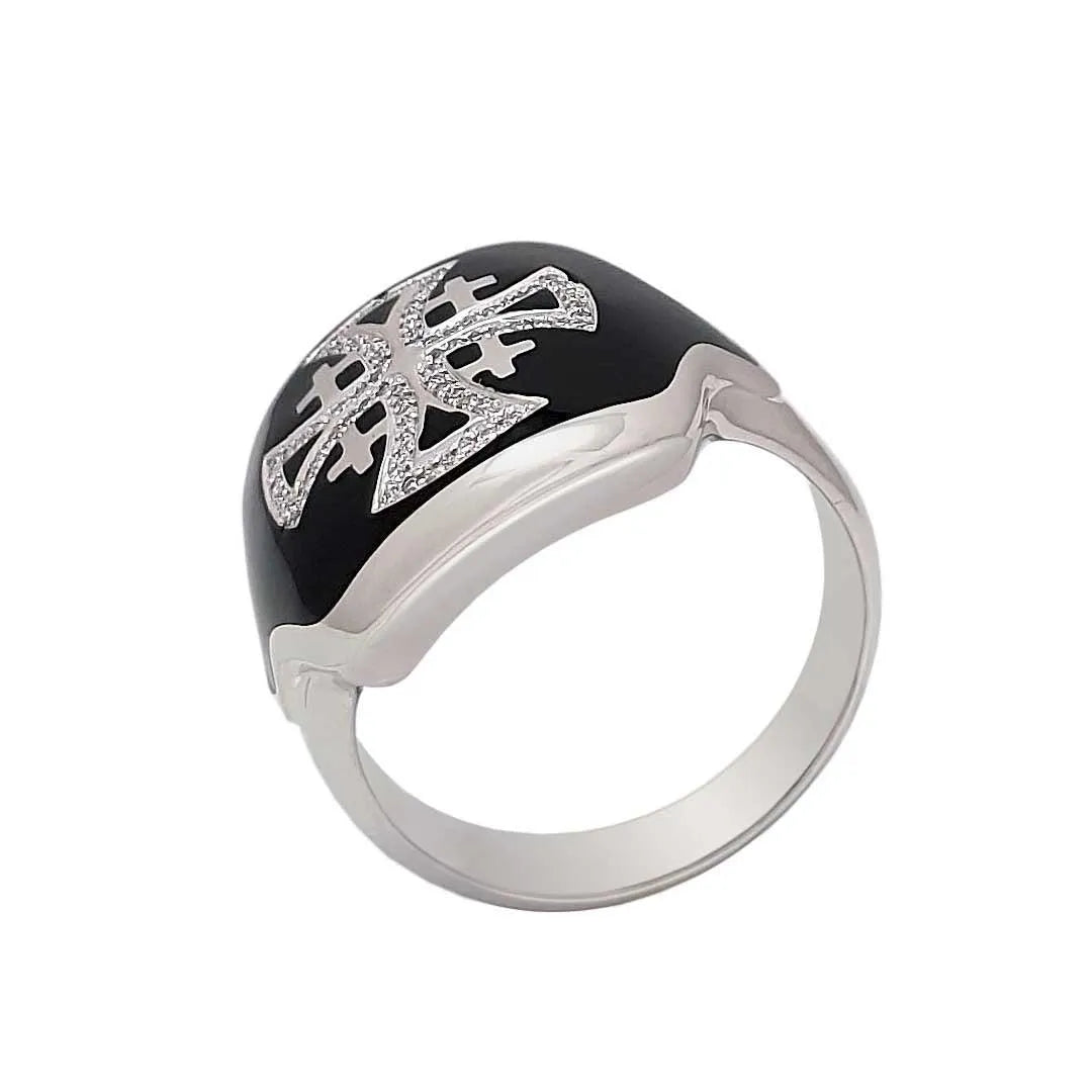 14K White Gold Men’s Jerusalem Cross Signet Ring with 86 Diamonds and Black Enamel - bluewhiteshop
