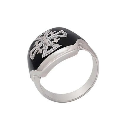 14K White Gold Men’s Jerusalem Cross Signet Ring with 86 Diamonds and Black Enamel - bluewhiteshop