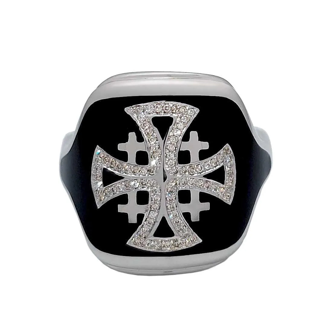 14K White Gold Men’s Jerusalem Cross Signet Ring with 86 Diamonds and Black Enamel - bluewhiteshop