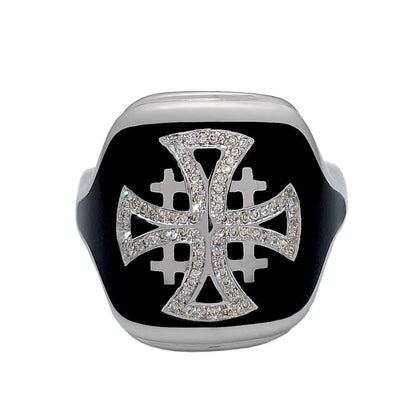 14K White Gold Men’s Jerusalem Cross Signet Ring with 86 Diamonds and Black Enamel - bluewhiteshop