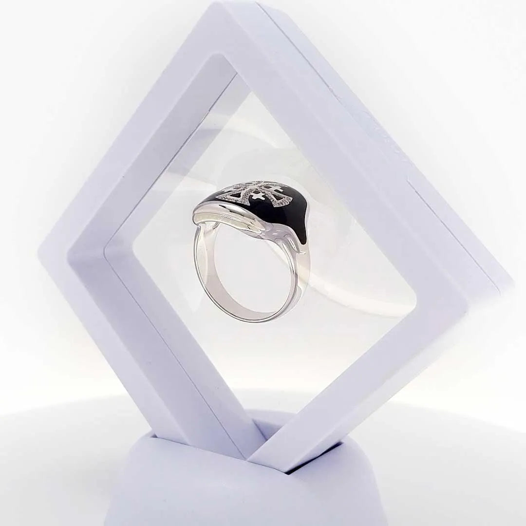 14K White Gold Men’s Jerusalem Cross Signet Ring with 86 Diamonds and Black Enamel - bluewhiteshop