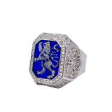 14K White Gold Men's Signet Ring Lion of Judah with 38 Diamonds & Blue Enamel - bluewhiteshop