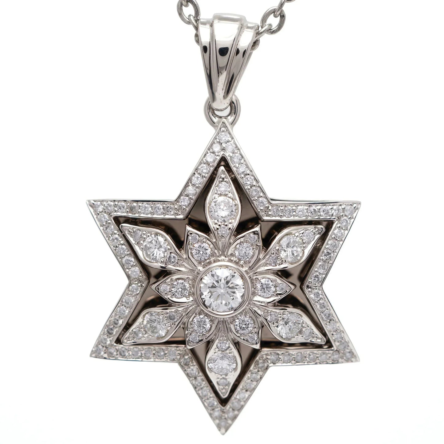 14K White Gold Star of David Pendant with 109 Diamonds - Celestial Floral Design
