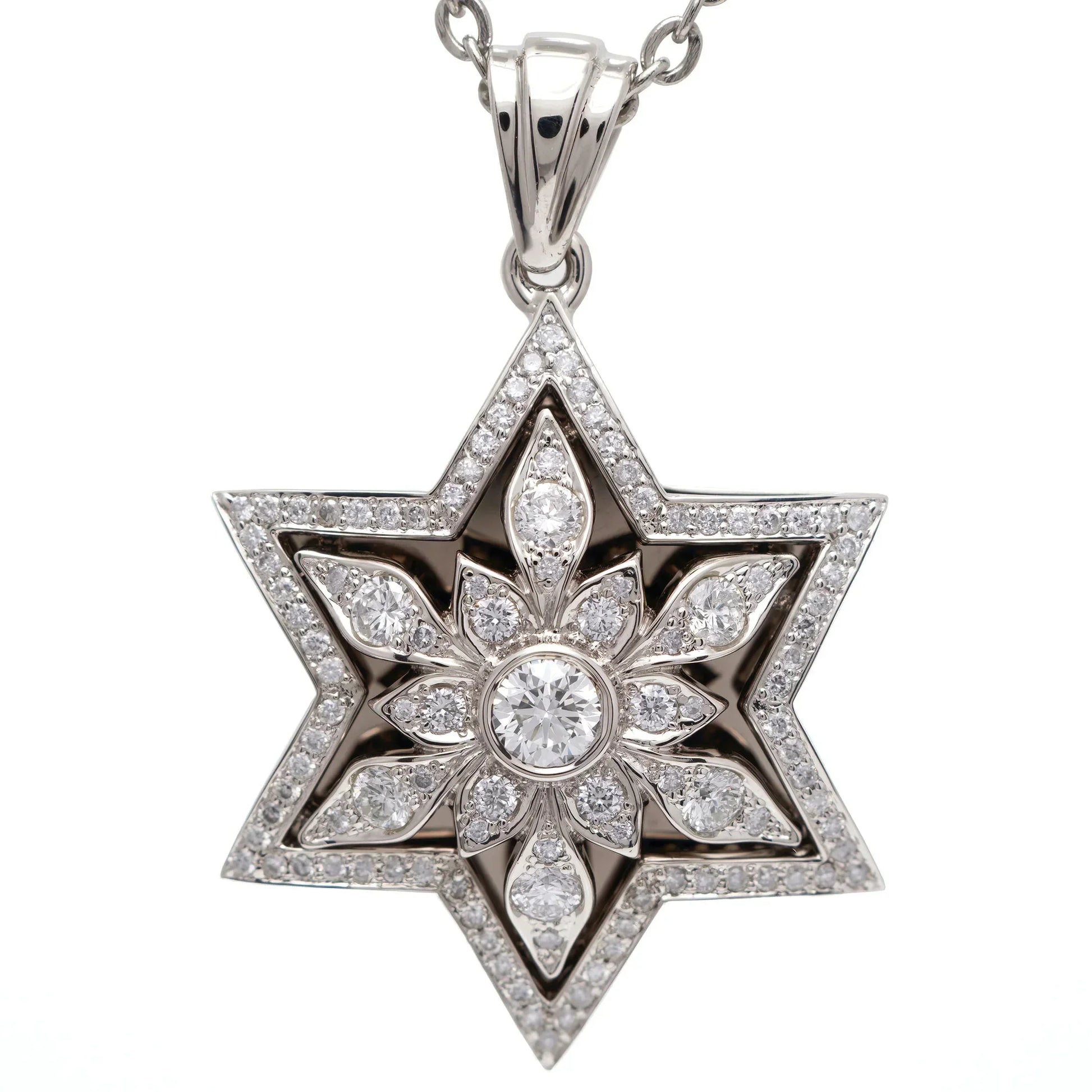 14K White Gold Star of David Pendant with 109 Diamonds - Celestial Floral Design
