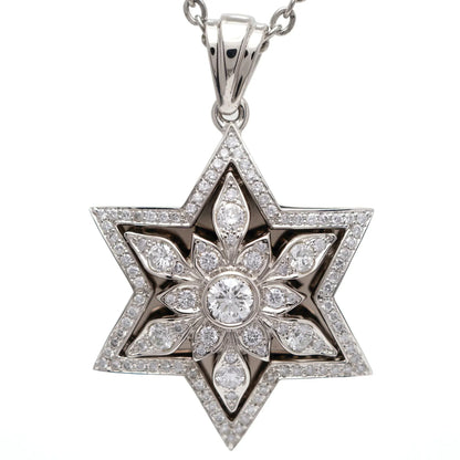 14K White Gold Star of David Pendant with 109 Diamonds - Celestial Floral Design