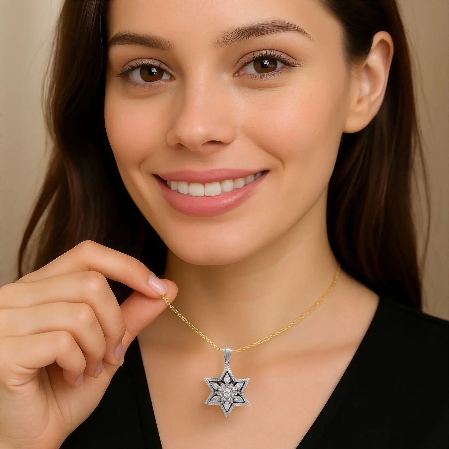 14K White Gold Star of David Pendant with 109 Diamonds - Celestial Floral Design - bluewhiteshop