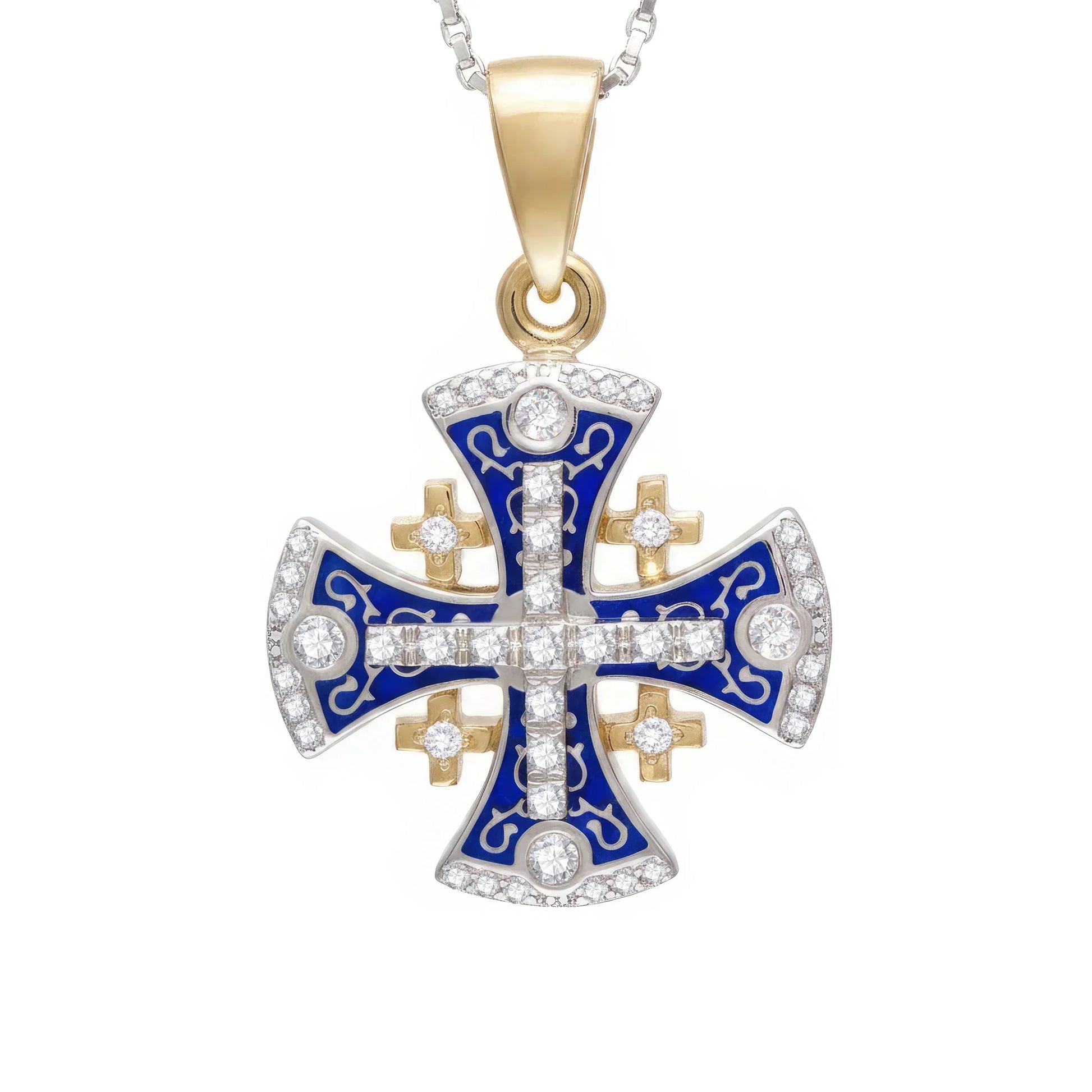 Jerusalem Cross Pendant Yellow & White Gold With Diamonds and Blue Enamel